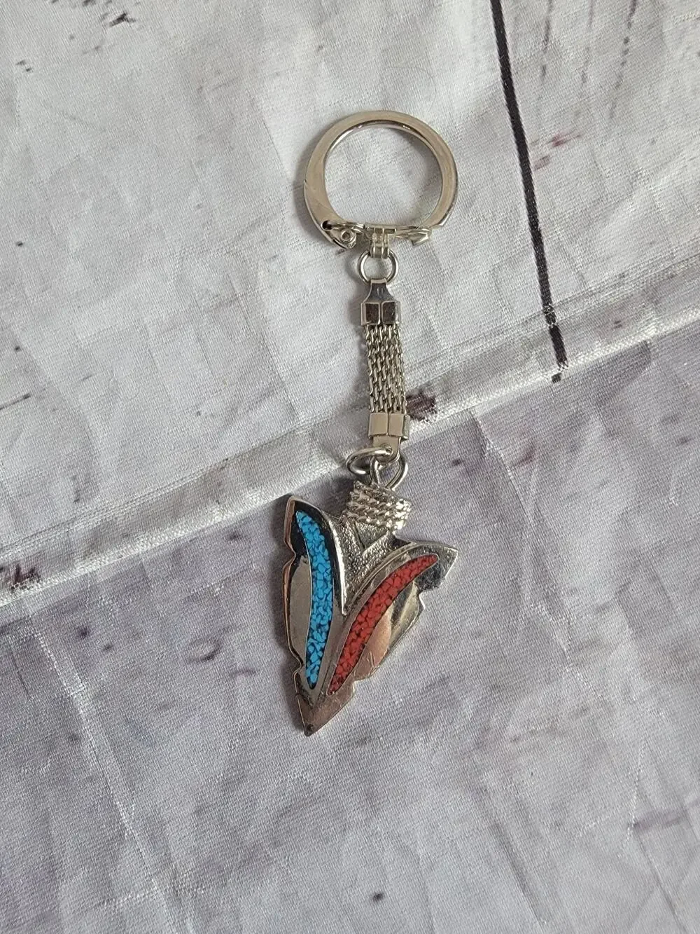 Turquoise and Coral Gemstone Inlay Southwestern Style Silver Tone Keychain
